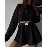 2pcs Women's Suit Long Sleeve Pullover Top And Shorts Fashion Simple Slim Fit Loose Hollow-out Design Suits-Black-2