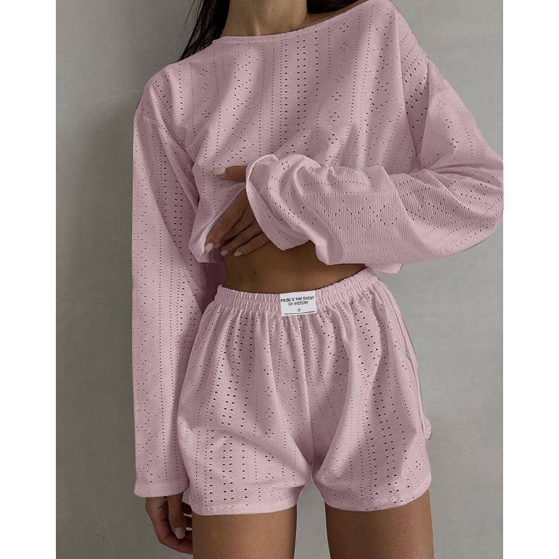 2pcs Women's Suit Long Sleeve Pullover Top And Shorts-Pink-4