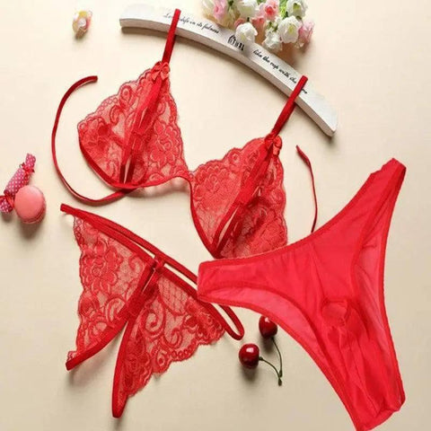 3-piece sexy lace sexy lingerie for couples-Red-3