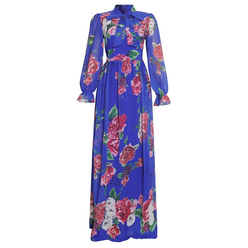 African Clothing Women's Chiffon Print Big Swing Dress Long-Blue-5