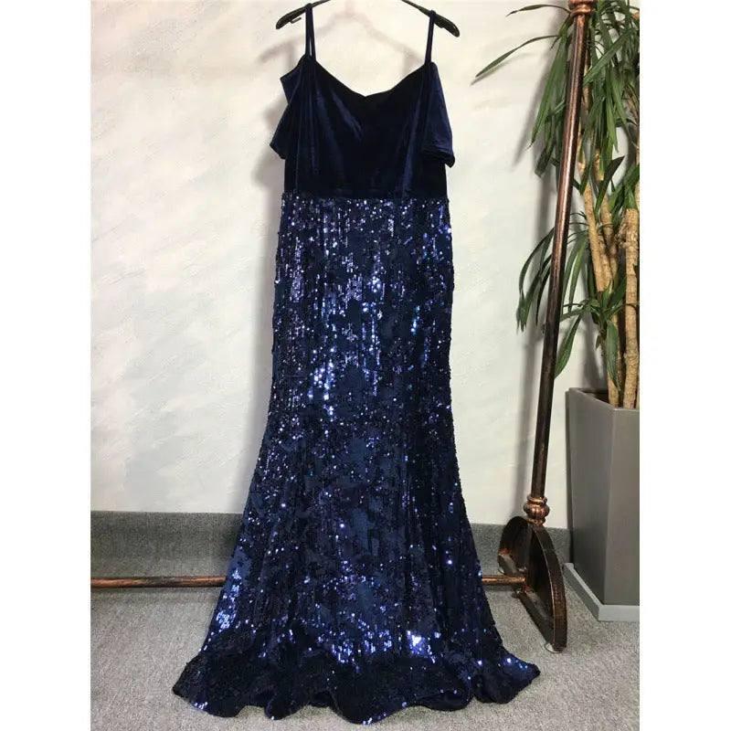 African Fashion Party Dress Sequined Evening Dresses-Navy Blue-2