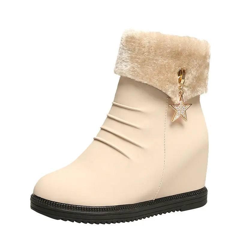 All-match cotton shoes women boots slope with snow boots-Beige-7