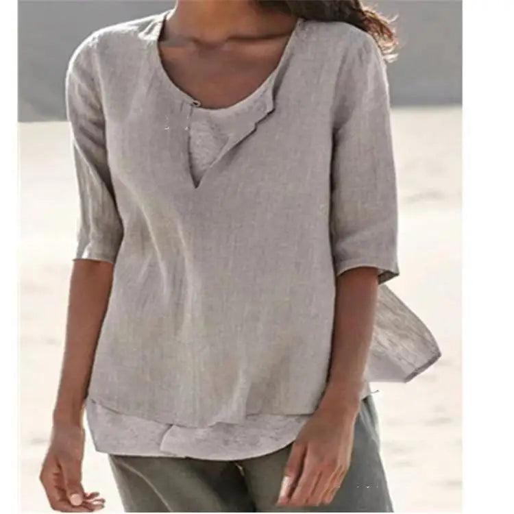 LOVEMI - All-match Women's Mid-sleeve V-neck Solid Color Cotton Linen
