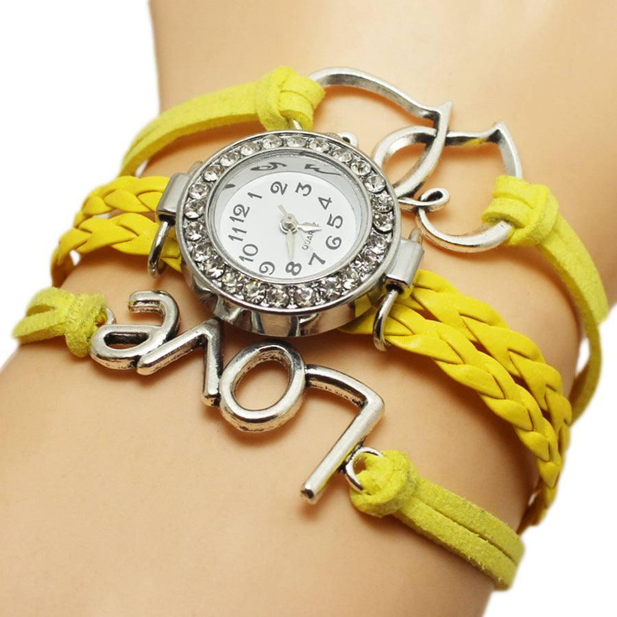 Alloy Love Double Heart-shaped Love Woven Multi-layer Watch-Milky Yellow-6