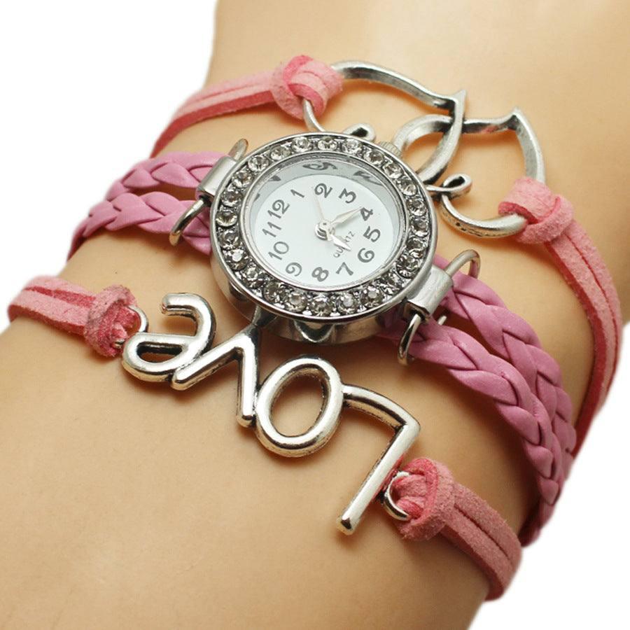 Alloy Love Double Heart-shaped Love Woven Multi-layer Watch-Light Pink-8