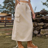 American-style Denim Casual Midi Skirt-Light Khaki-2