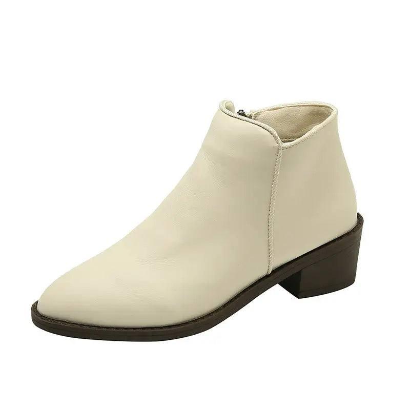 Ankle Boots Women Chunky Mid Heel Shoes Waterproof Side-Beige white-10