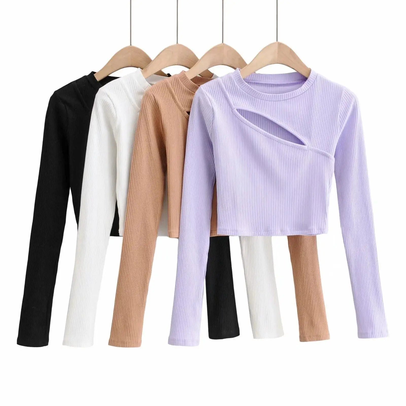 LOVEMI - Aproms-Women Ribbed Knit Long Sleeve T-Shirt Sexy Slim Crop