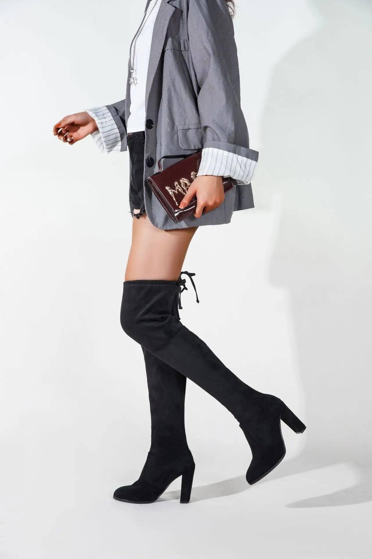 Autumn And Winter Black Over-The-Knee Boots Pointed Suede-2