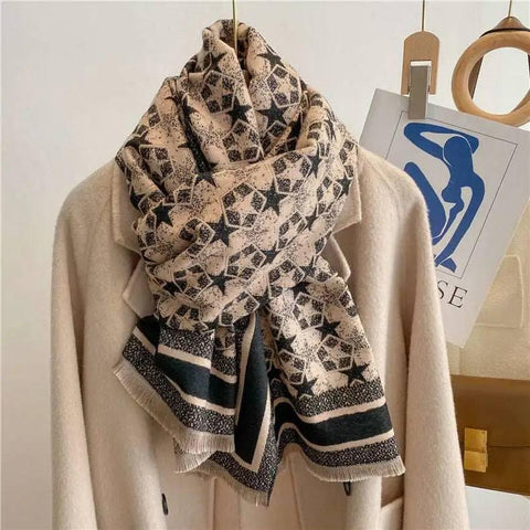 Autumn And Winter Five-pointed Star Warm Scarf Female Long-Black Beige-1