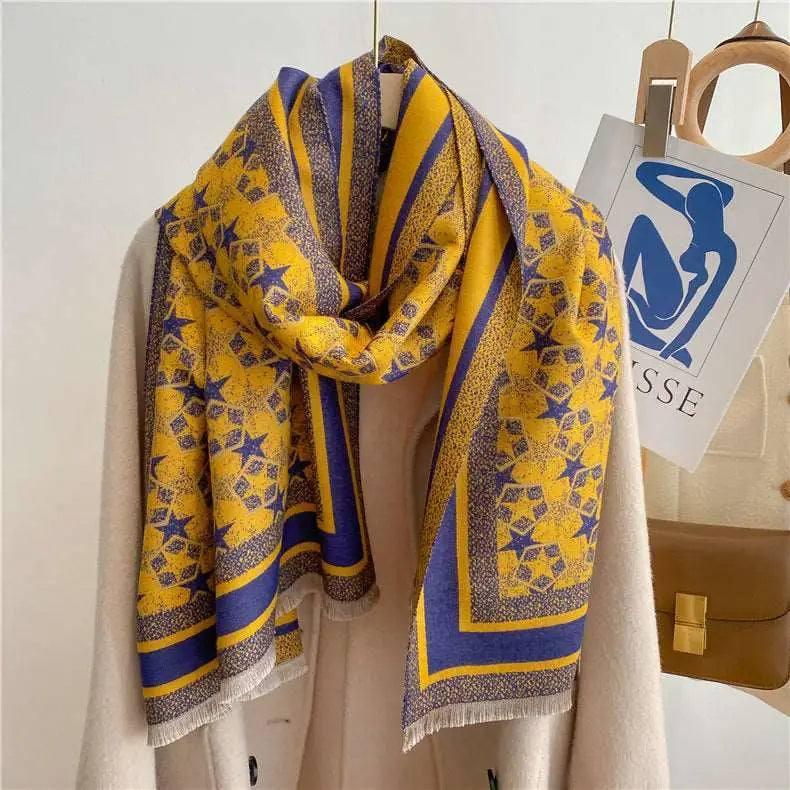 Autumn And Winter Five-pointed Star Warm Scarf Female Long-Blue Yellow-4