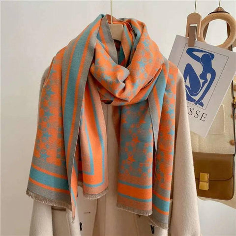 Autumn And Winter Five-pointed Star Warm Scarf Female Long-Lake Blue Orange-5