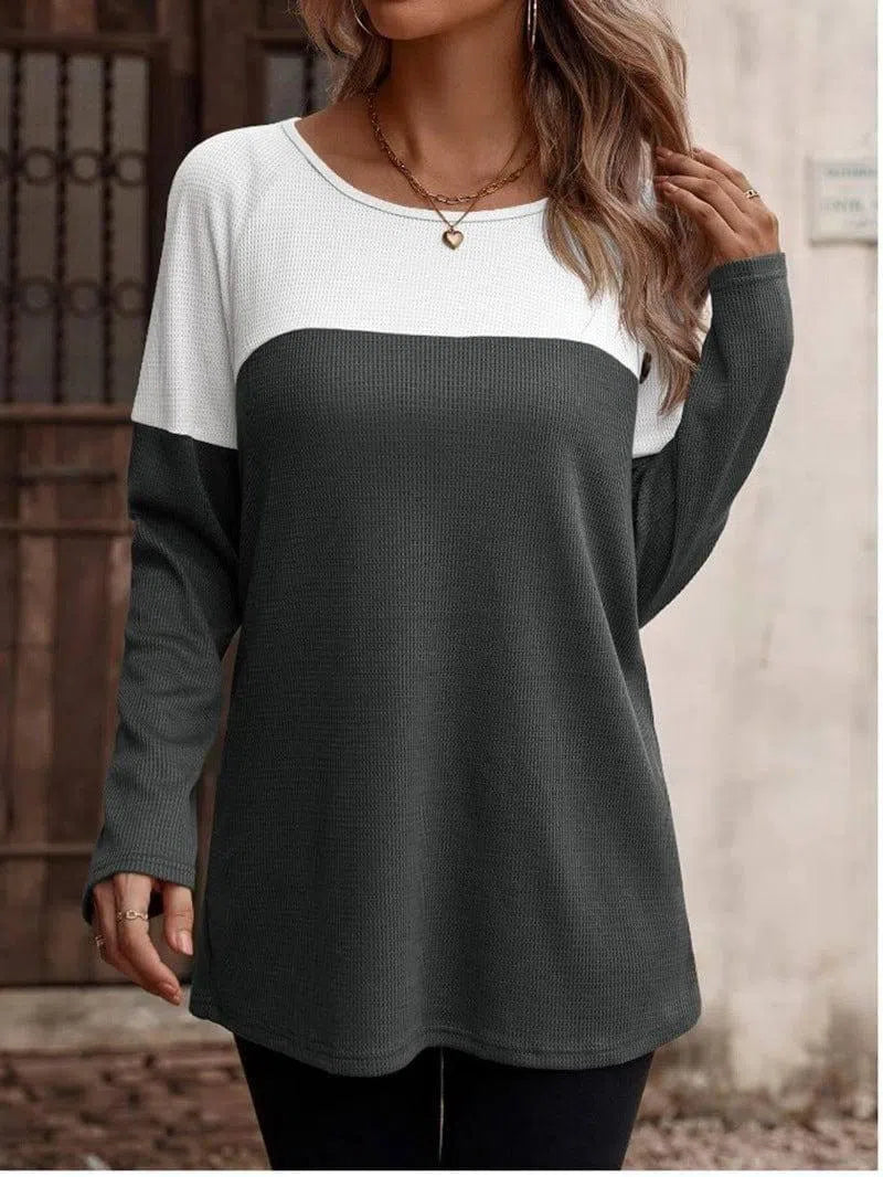 Autumn And Winter Women's Color Matching T-shirt-Gray-3