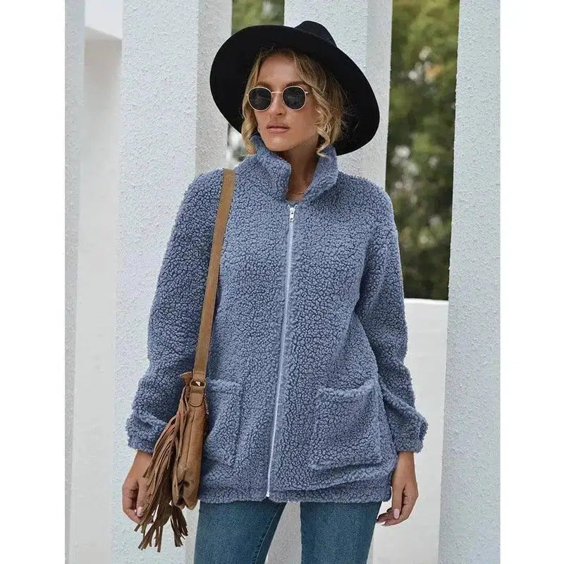 Autumn And Winter Zipper Warm Sweater Outer Wear Women-Bluegrey-3