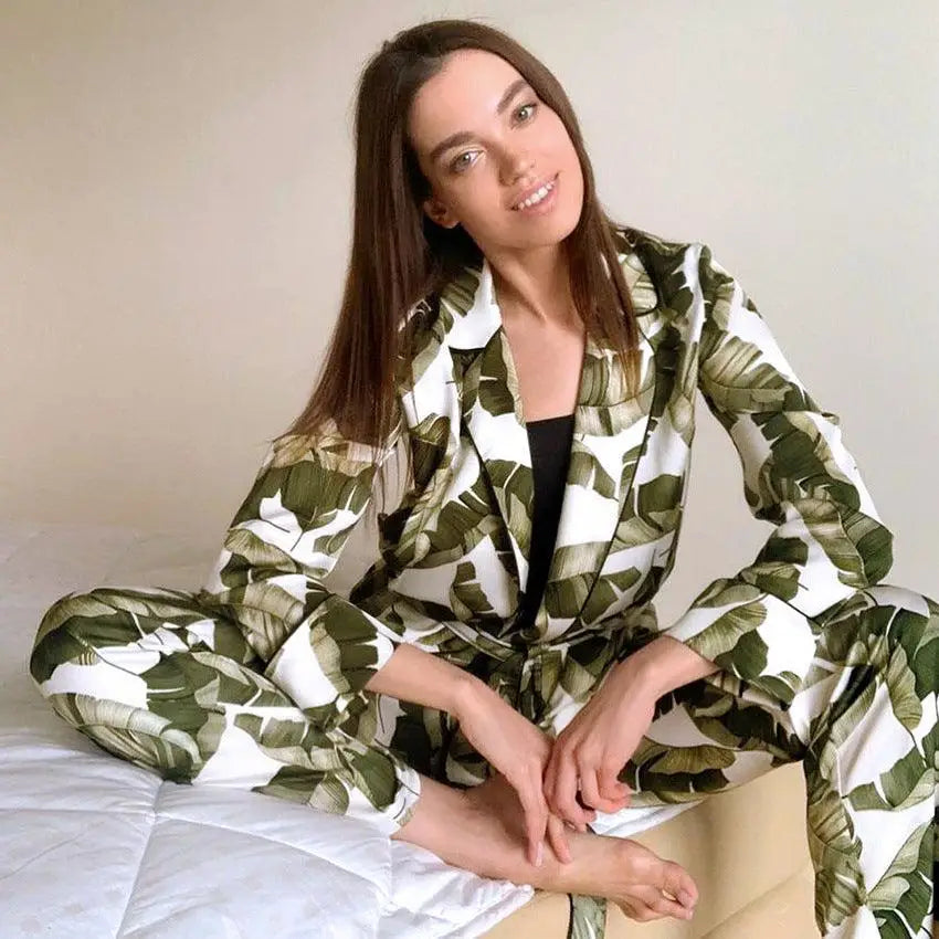 LOVEMI - Banana Leaf Print Women's Pajama Set Long Sleeve Simple