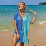 Beach Hollow Out Tops Cover-Up Knit Bikini Over-Blouse-Blue-5