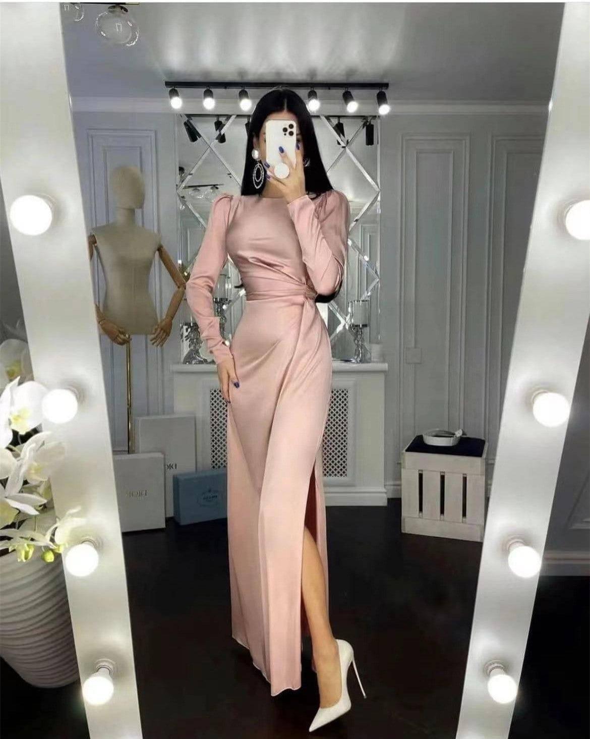 Beautiful Waist Fitting Irregular Dress-Pink-6