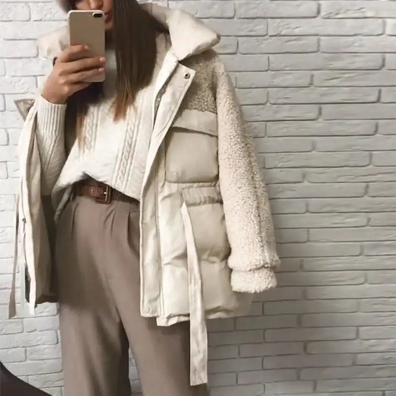 LOVEMI - Belt stitching thick warm jacket fashion all-match casual