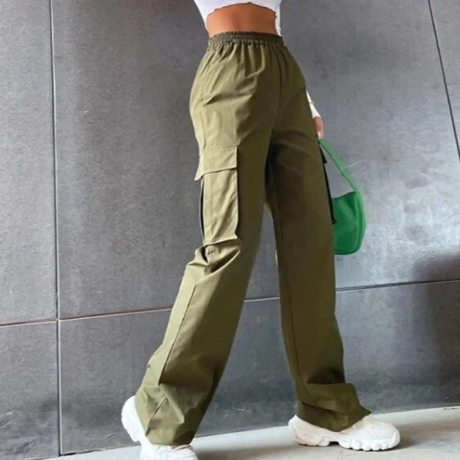 Beltless Trousers High Waist Wide Leg Straight-Army Green-2