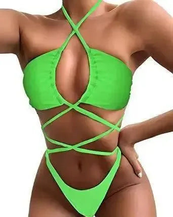 Bikini Comfortable And Solid Color Long Rope One Piece-Green-3