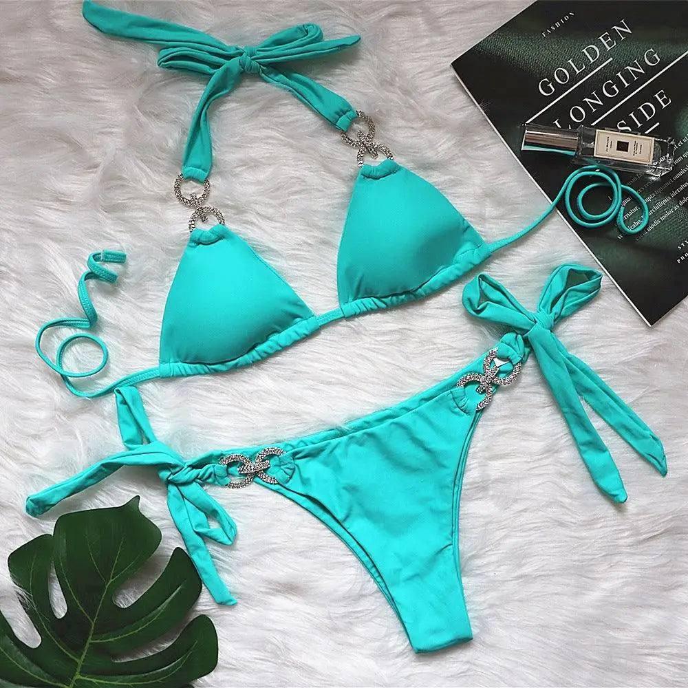 Bikini Crystal Diamond Swimsuit-Green-5