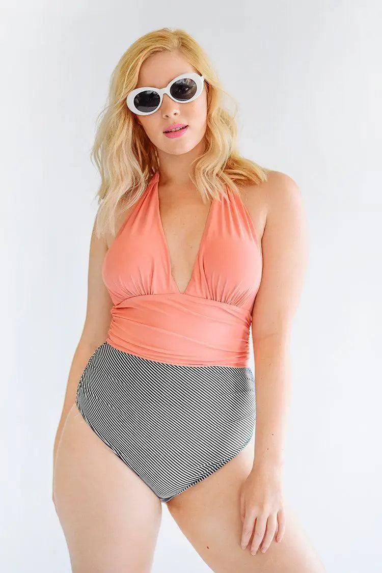 Bikini Deep V Cover Belly Swimsuit-Orange-3
