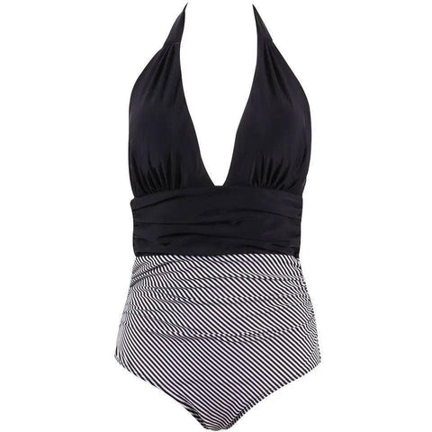 Bikini Deep V Cover Belly Swimsuit-Black-4