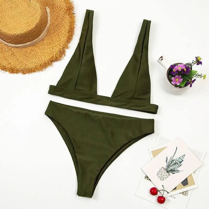 Bikini Deep V Swimsuit Beach High Waist Two Piece Brazilian-ArmyGreen-7