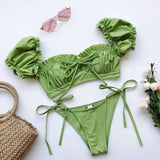 Bikini Sexy One-shoulder Puff Sleeve Strappy Swimsuit-Green-5