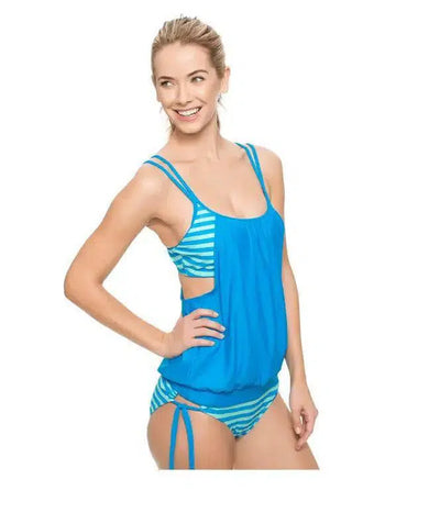 Bikini women's split stripes conservatively covered belly-Lightblue-5