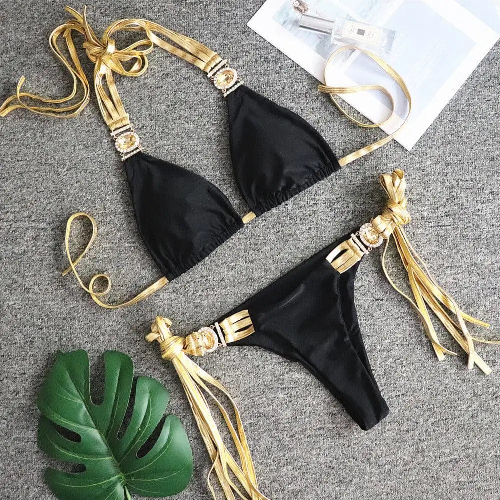 LOVEMI  Bikinis Black / S Lovemi -  New Golden Tassel Sexy Backless Bikini Crystal Diamond