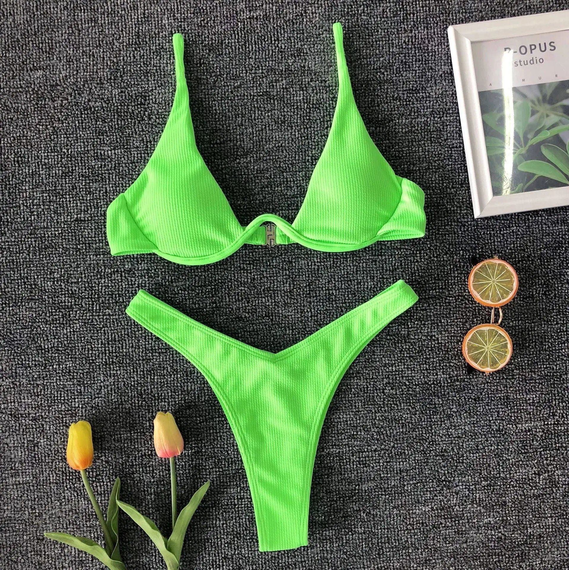 LOVEMI  Bikinis Green / L Lovemi -  Individuality gathered underwire special fabric split