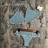 LOVEMI Bikinis Lake Blue / S Lovemi -  Shell Split Swimsuit Hand Crocheted Cotton Woven Sexy Bikini