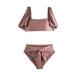 LOVEMI  Bikinis Pink / M Lovemi -  Split High Waist Belt Sleeves Cover Arm Women Swimsuit