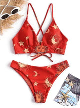 LOVEMI  Bikinis Red / L Lovemi -  Hot Sale Sun Moon Star Print High Waist Split Bikini