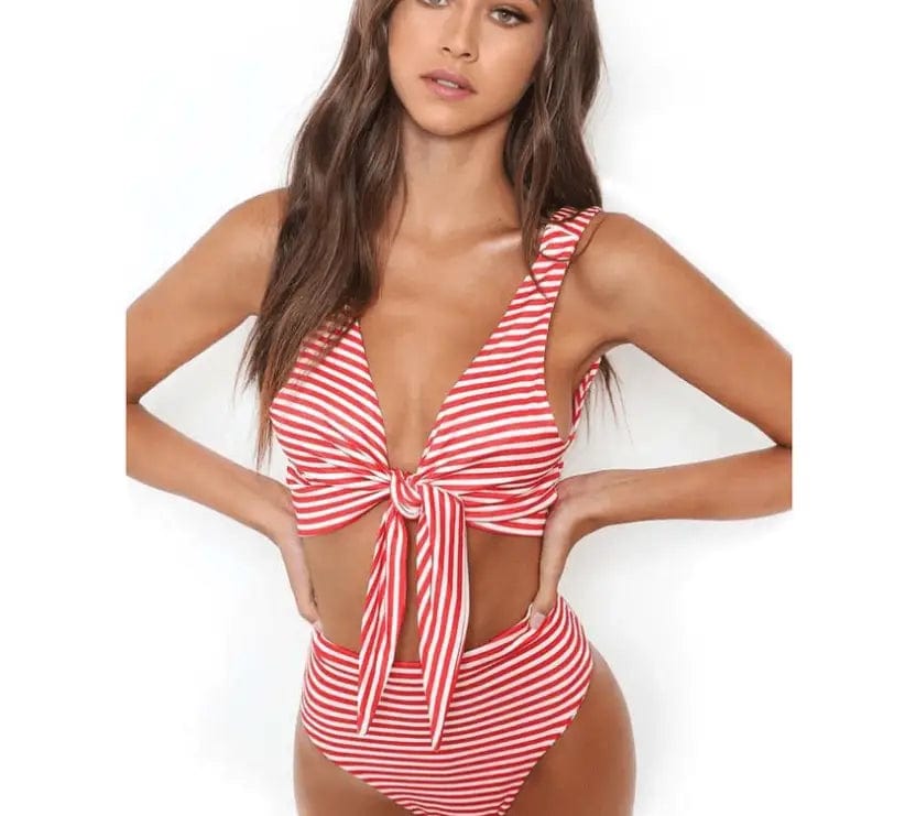 LOVEMI  Bikinis Red / L Lovemi -  Retro high waist striped bikini deep V sexy European and