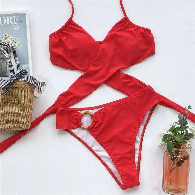 LOVEMI  Bikinis Red / S Lovemi -  Lace-up split leopard bikini