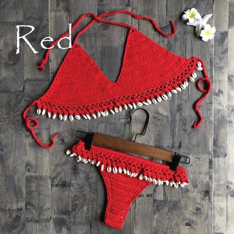 LOVEMI Bikinis Red / S Lovemi -  Shell Split Swimsuit Hand Crocheted Cotton Woven Sexy Bikini