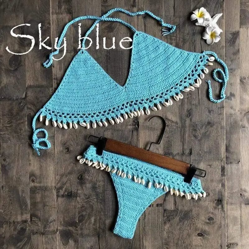 LOVEMI Bikinis Sky Blue / S Lovemi -  Shell Split Swimsuit Hand Crocheted Cotton Woven Sexy Bikini