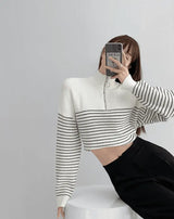 LOVEMI - Black And White Striped Zipper Half High Neck Sweater Retro