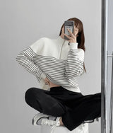 LOVEMI - Black And White Striped Zipper Half High Neck Sweater Retro