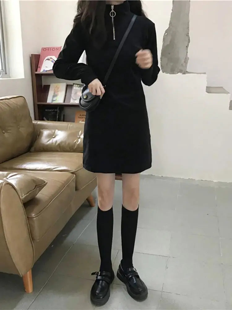 LOVEMI - Black Dress Women Fall Winter New Korean Mid-Length Style