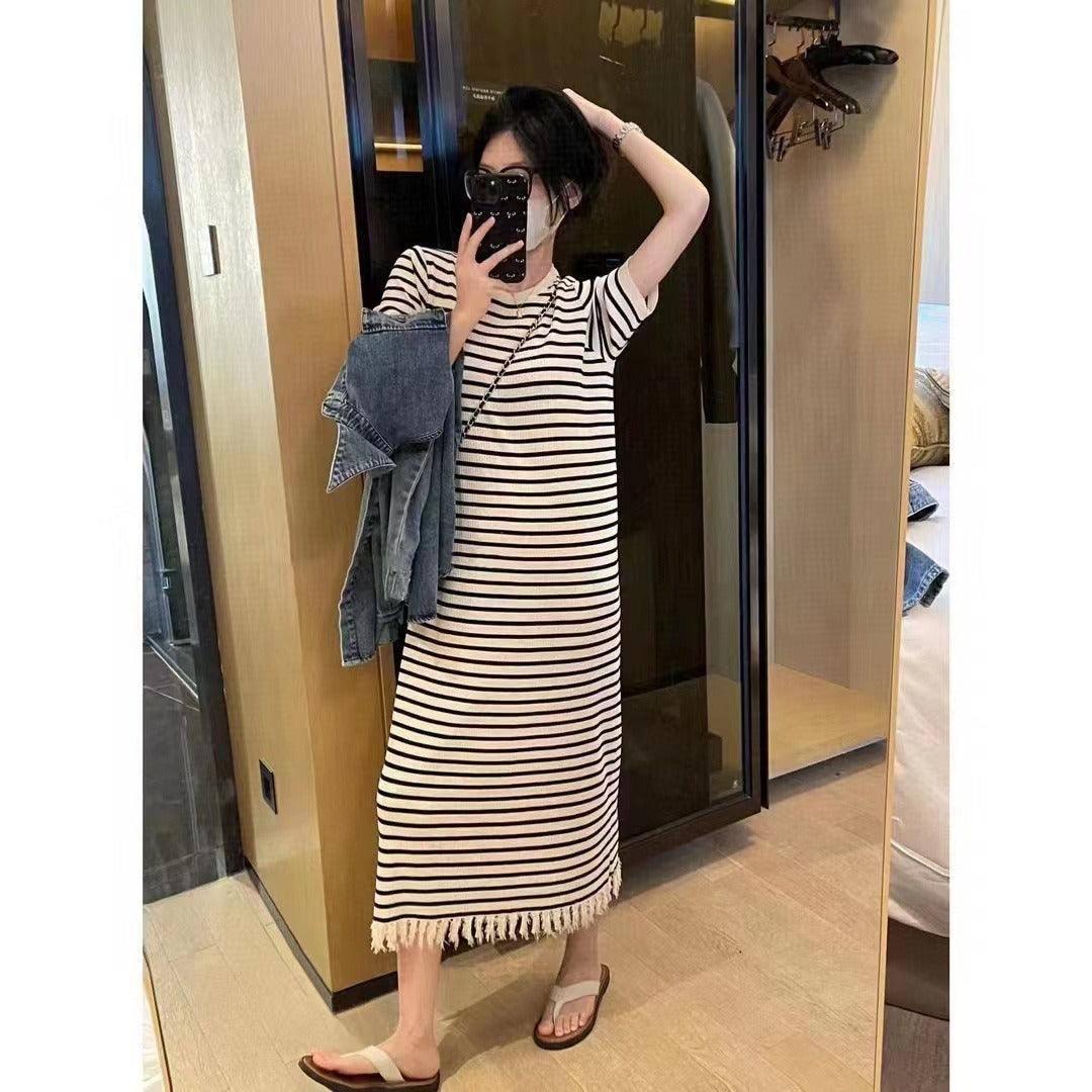 Black Knit Striped Dress Short Sleeve Women Dress maxi dress-apricot-7