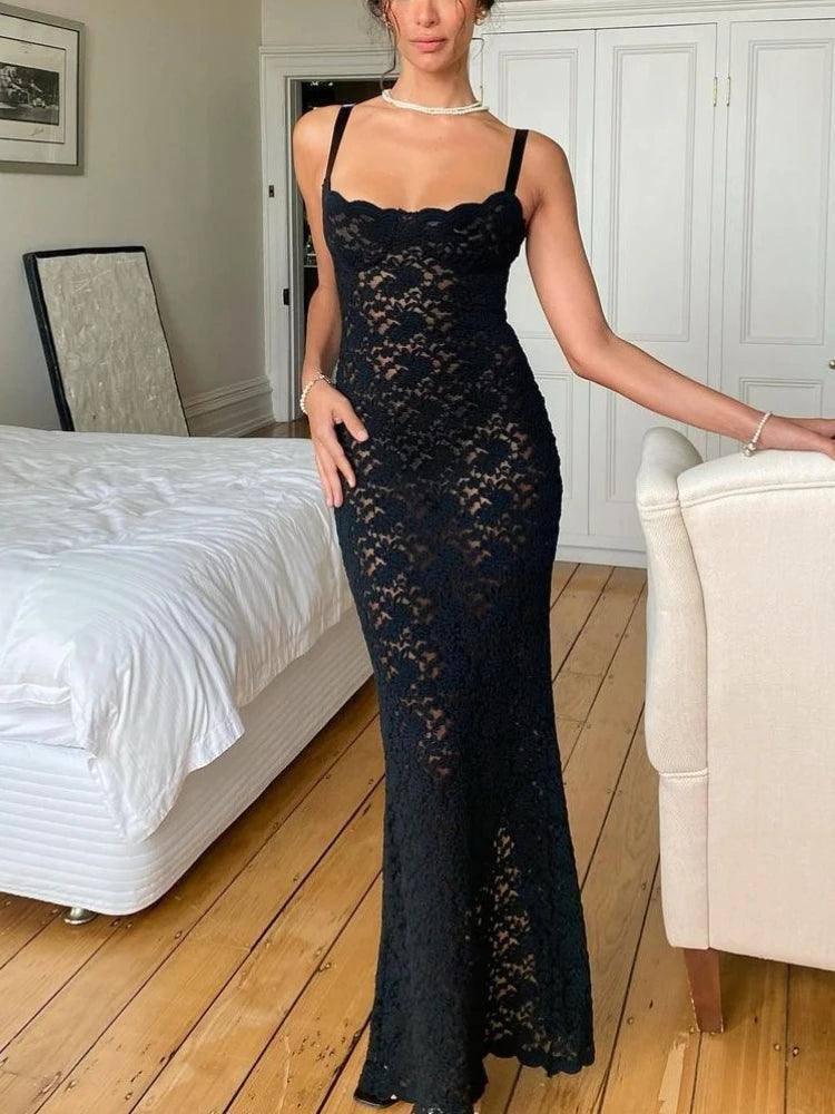LOVEMI - Black Lace See Through Maxi Dress - Sexy Spaghetti Strap