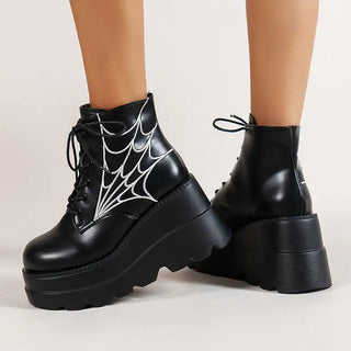 Black Martin Boots Fashion Spider Web Print Shoes Chunky