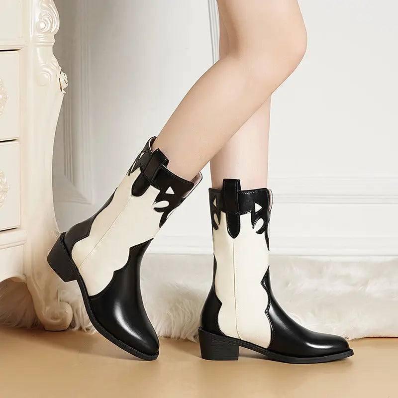 Black White Cowboy Boots Women Low Heel Mid Calf Shoes-1