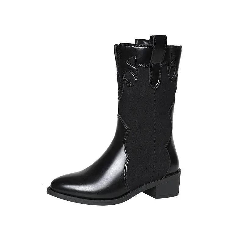 Black White Cowboy Boots Women Low Heel Mid Calf Shoes-Black-10