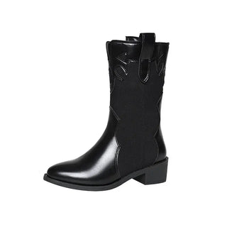 Black White Cowboy Boots Women Low Heel Mid Calf Shoes -