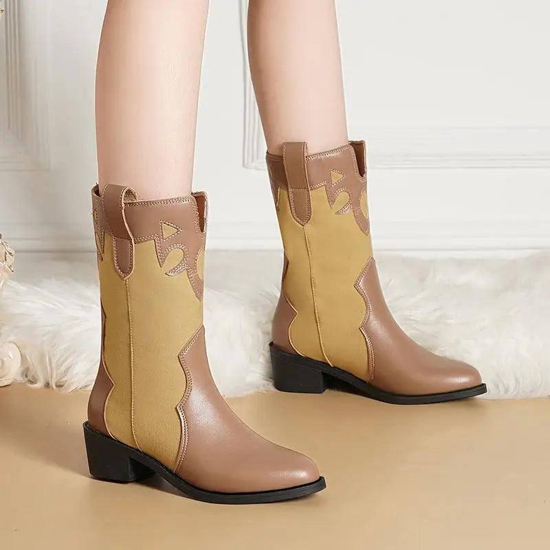 Black White Cowboy Boots Women Low Heel Mid Calf Shoes-4