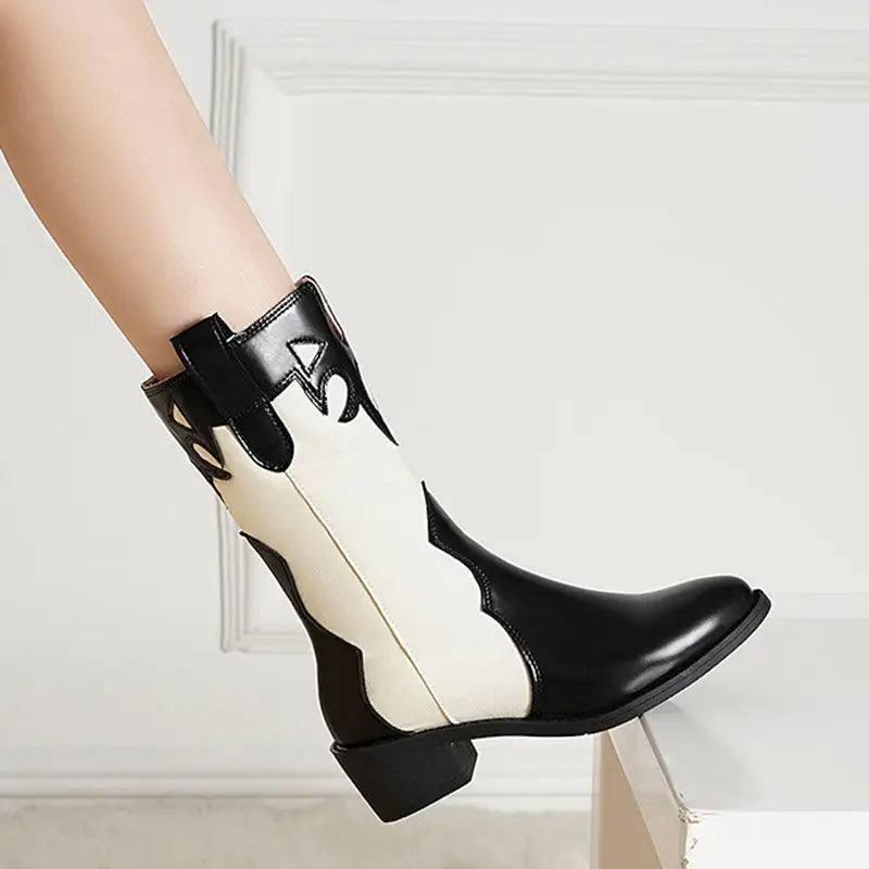 Black White Cowboy Boots Women Low Heel Mid Calf Shoes-5